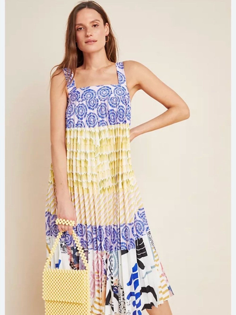 Anthropologie Blue, Yellow & White Patterned Pleated Midi Dress
